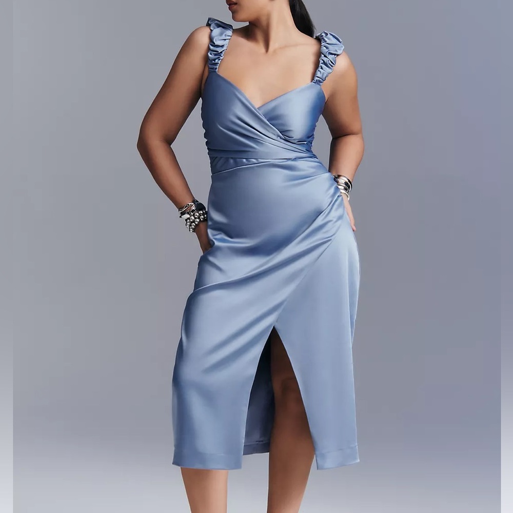 NEW Anthropologie Blue Satin Sweetheart Midi Dress | Bridesmaid Wedding Guest